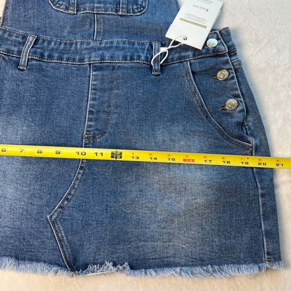 ELLEVEN Denim Overall Skirt Women Medium Blue Frayed Hem Bib Pocket NWT - Picture 7 of 11